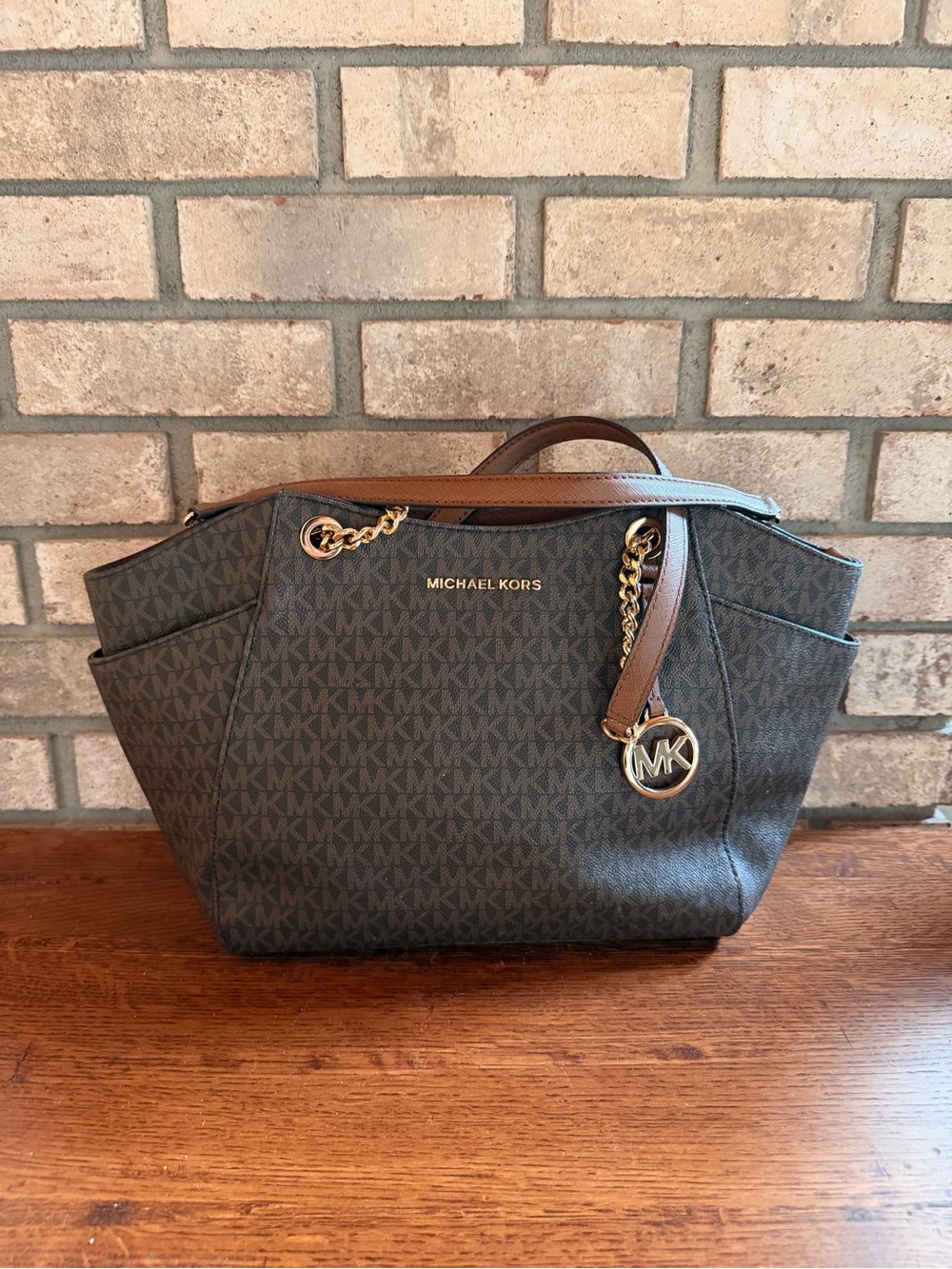 Michael Kors Brown MK Logo Shoulder Tote with Gold Accents